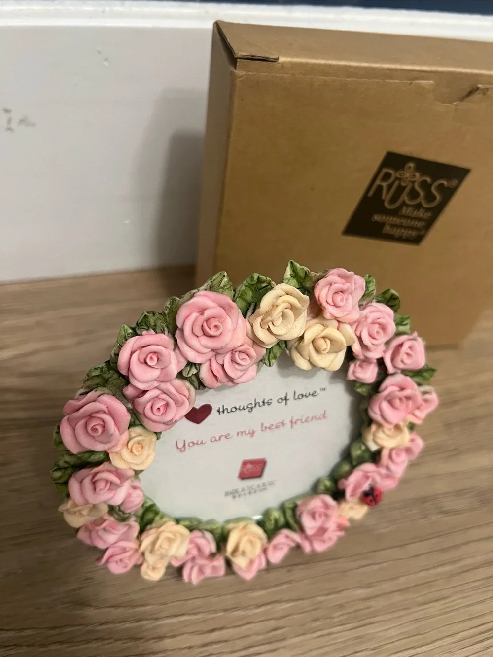 RUSS Rose Wreath Photo Frame - Pink & Cream with Green Leaves